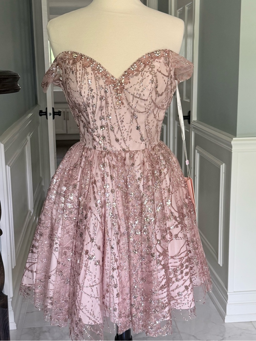 Sparkling Blush Pink Off-Shoulder Party Dress